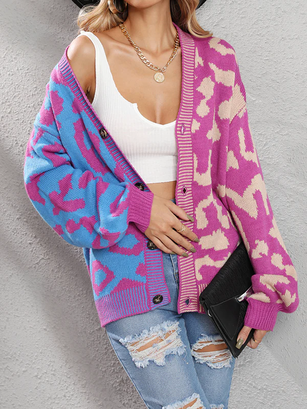 Long Sleeves Loose Buttoned Leopard Split-Joint V-Neck Cardigan Tops - Image 21