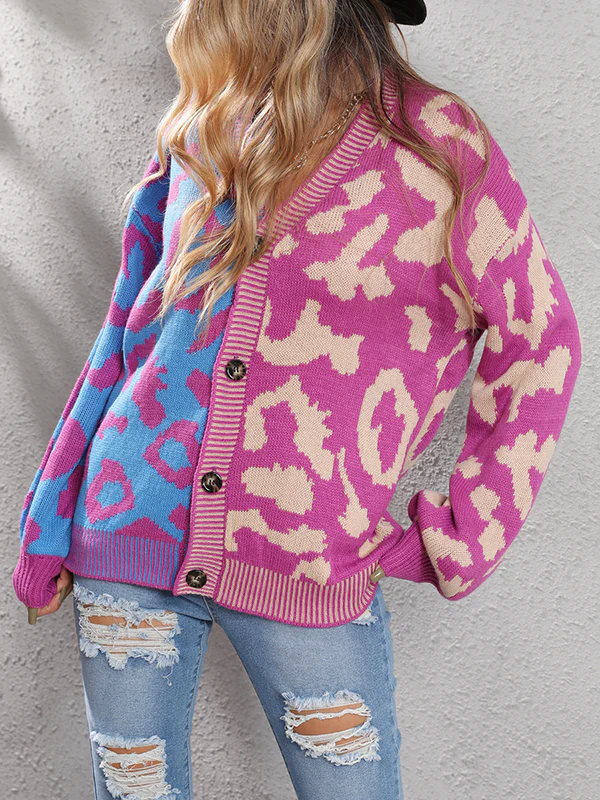 Long Sleeves Loose Buttoned Leopard Split-Joint V-Neck Cardigan Tops - Image 22