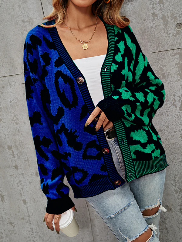 Long Sleeves Loose Buttoned Leopard Split-Joint V-Neck Cardigan Tops - Image 3