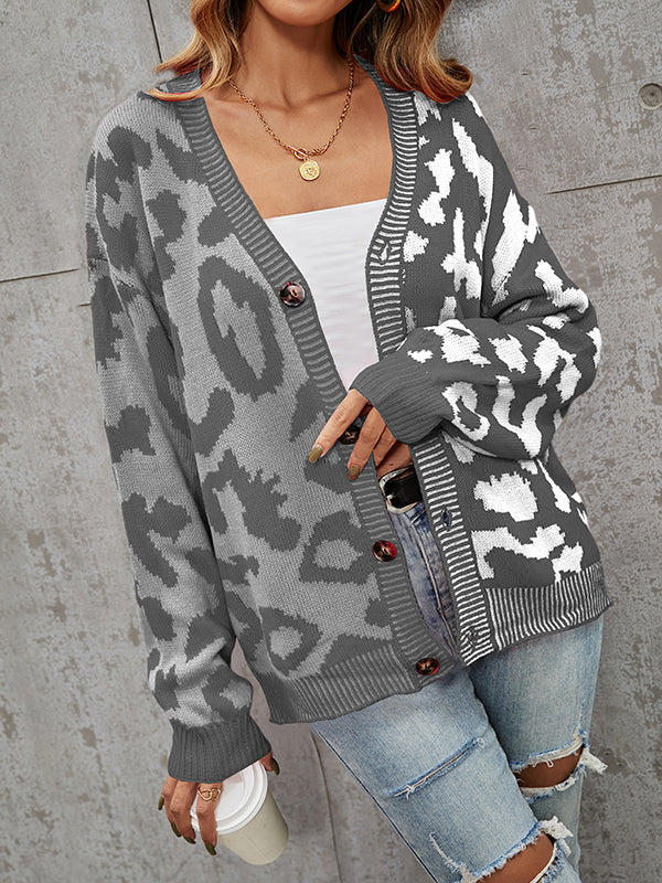 Long Sleeves Loose Buttoned Leopard Split-Joint V-Neck Cardigan Tops - Image 4