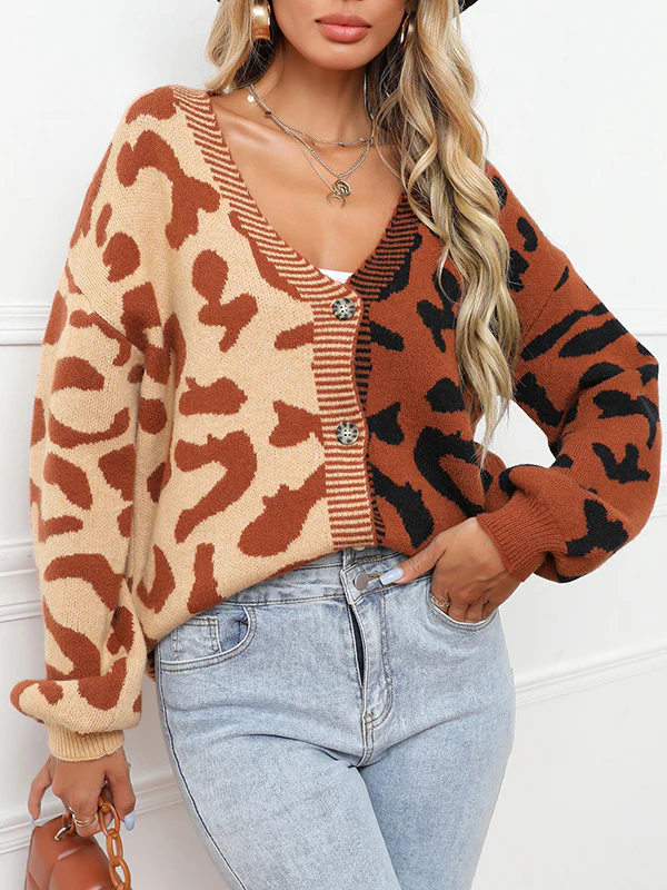 Long Sleeves Loose Buttoned Leopard Split-Joint V-Neck Cardigan Tops - Image 5
