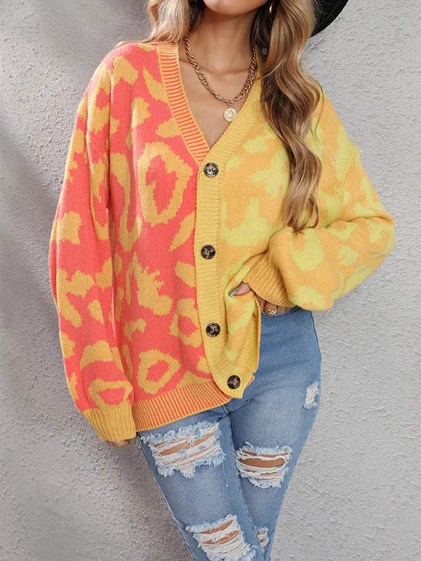 Long Sleeves Loose Buttoned Leopard Split-Joint V-Neck Cardigan Tops - Image 6