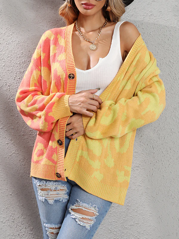 Long Sleeves Loose Buttoned Leopard Split-Joint V-Neck Cardigan Tops - Image 7