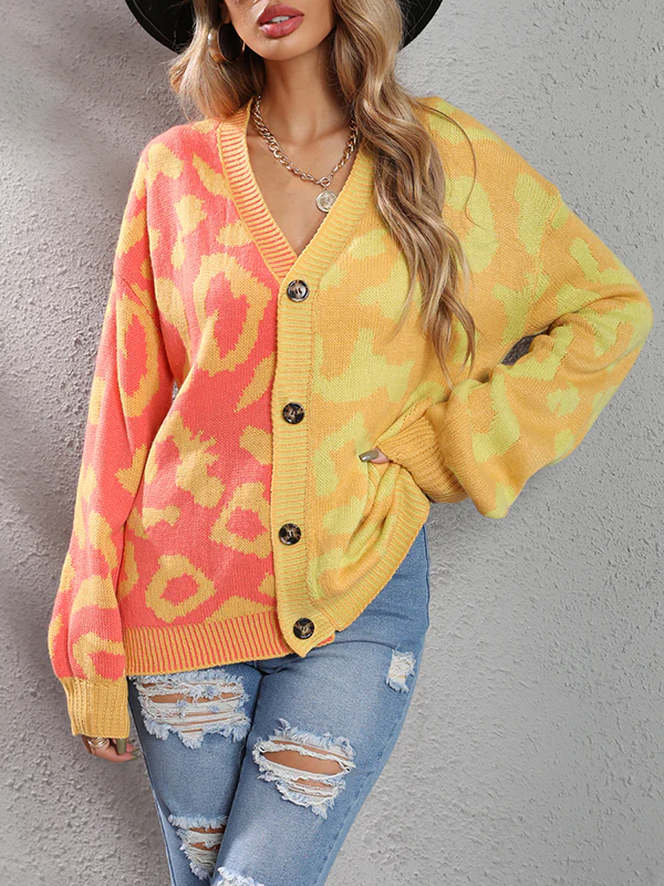 Long Sleeves Loose Buttoned Leopard Split-Joint V-Neck Cardigan Tops - Image 8