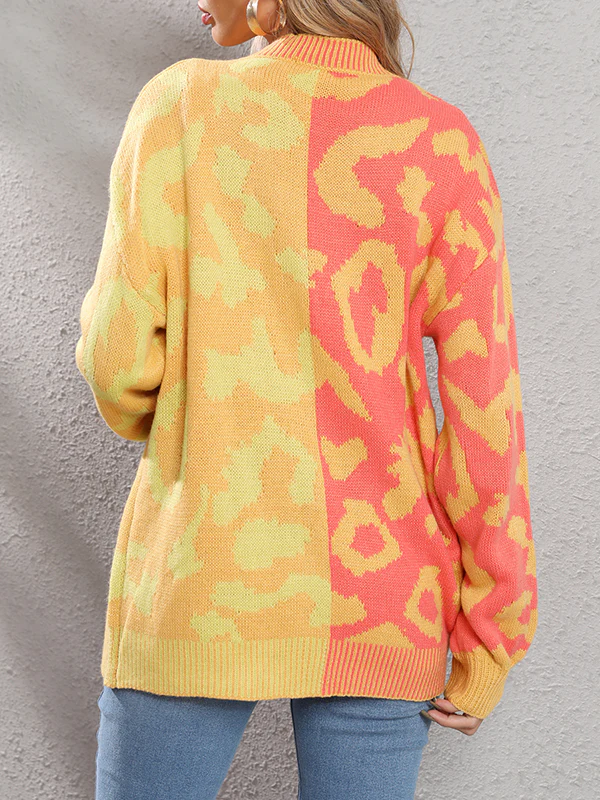 Long Sleeves Loose Buttoned Leopard Split-Joint V-Neck Cardigan Tops - Image 9