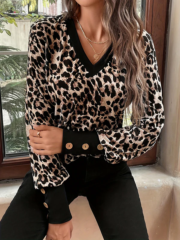Long Sleeves Loose Buttoned Leopard V-Neck T-Shirts Tops - Image 3