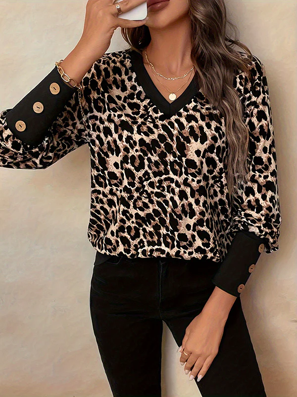 Long Sleeves Loose Buttoned Leopard V-Neck T-Shirts Tops - Image 4