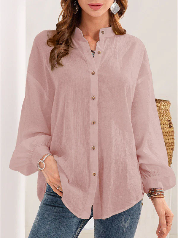 Long Sleeves Loose Buttoned Mock Neck Blouses&Shirts Tops - Image 2
