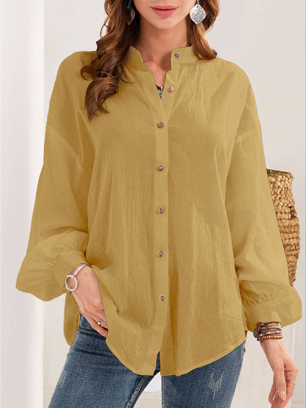 Long Sleeves Loose Buttoned Mock Neck Blouses&Shirts Tops - Image 3