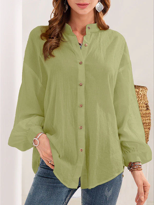 Long Sleeves Loose Buttoned Mock Neck Blouses&Shirts Tops - Image 4