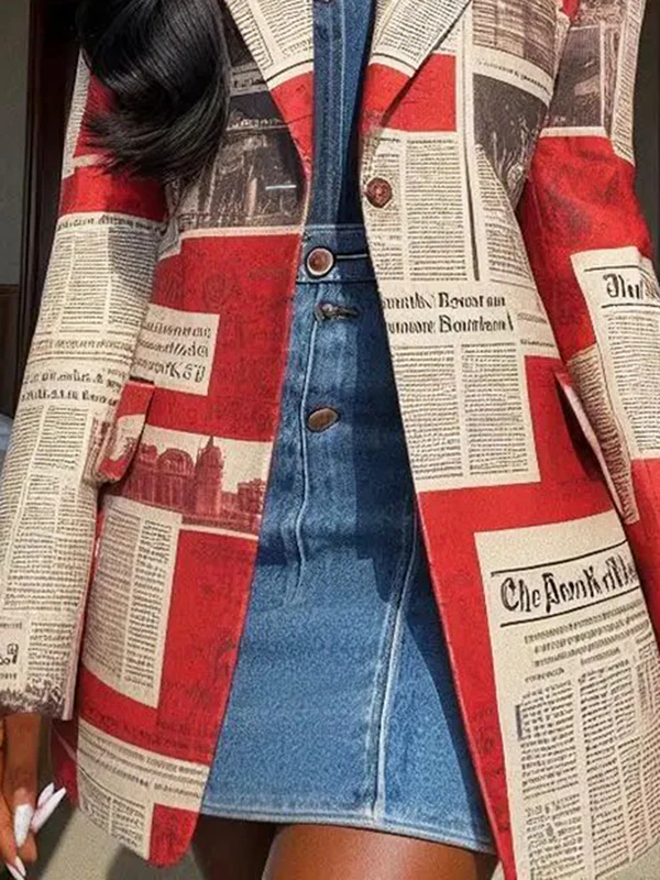 Long Sleeves Loose Buttoned Newspaper Print Pockets Split-Joint Notched Collar Blazer Outerwear - Image 10