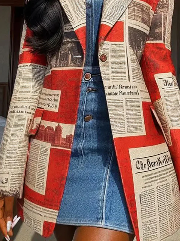 Long Sleeves Loose Buttoned Newspaper Print Pockets Split-Joint Notched Collar Blazer Outerwear - Image 2