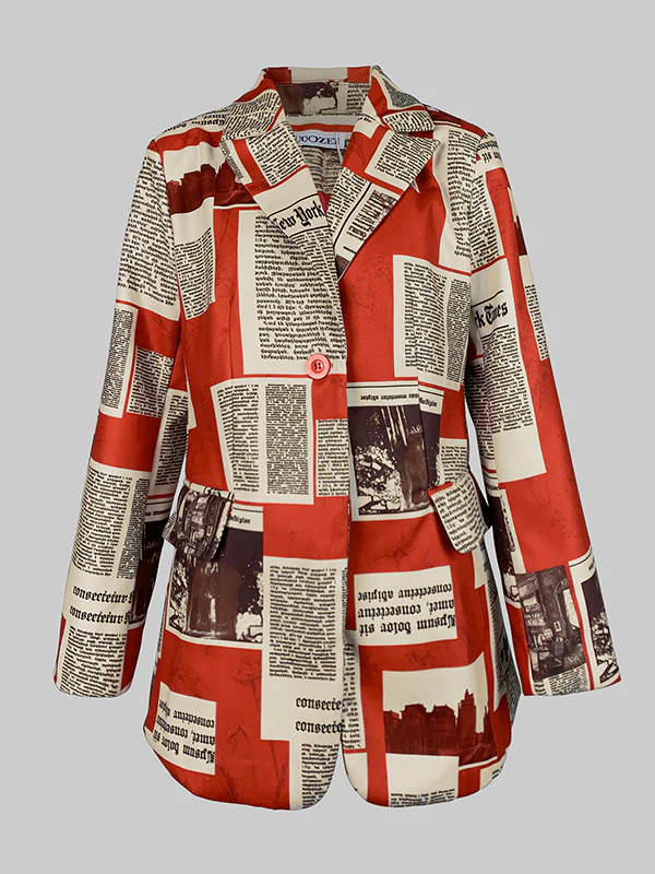 Long Sleeves Loose Buttoned Newspaper Print Pockets Split-Joint Notched Collar Blazer Outerwear - Image 3