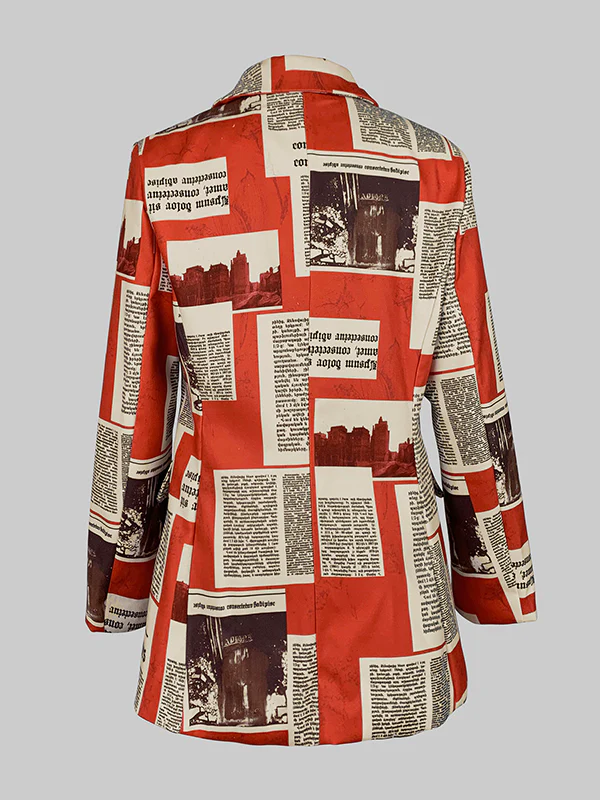 Long Sleeves Loose Buttoned Newspaper Print Pockets Split-Joint Notched Collar Blazer Outerwear - Image 4