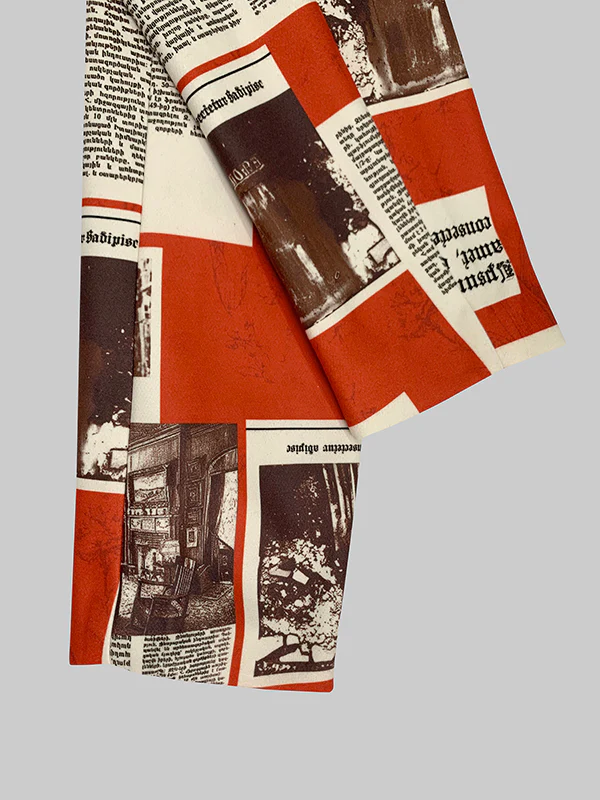 Long Sleeves Loose Buttoned Newspaper Print Pockets Split-Joint Notched Collar Blazer Outerwear - Image 7