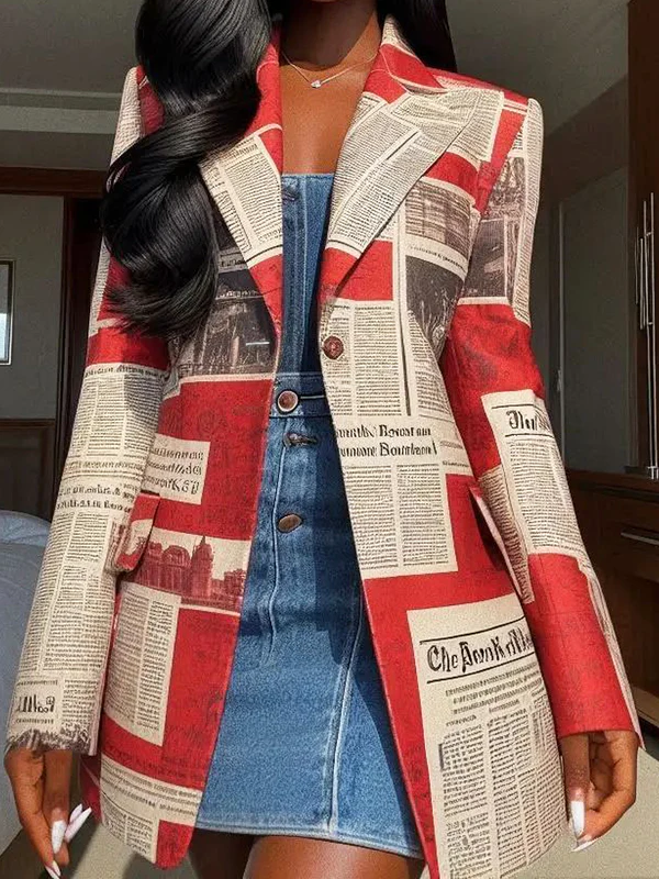 Long Sleeves Loose Buttoned Newspaper Print Pockets Split-Joint Notched Collar Blazer Outerwear - Image 9