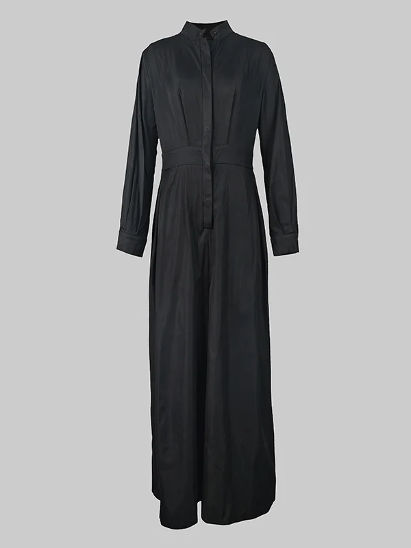 Long Sleeves Loose Buttoned No Belt Solid Color V-neck Jumpsuits - Image 10