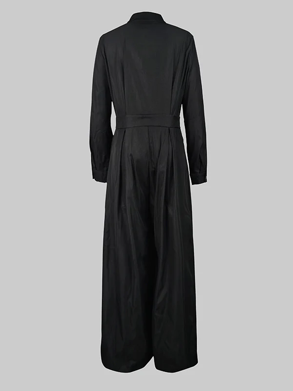 Long Sleeves Loose Buttoned No Belt Solid Color V-neck Jumpsuits - Image 11