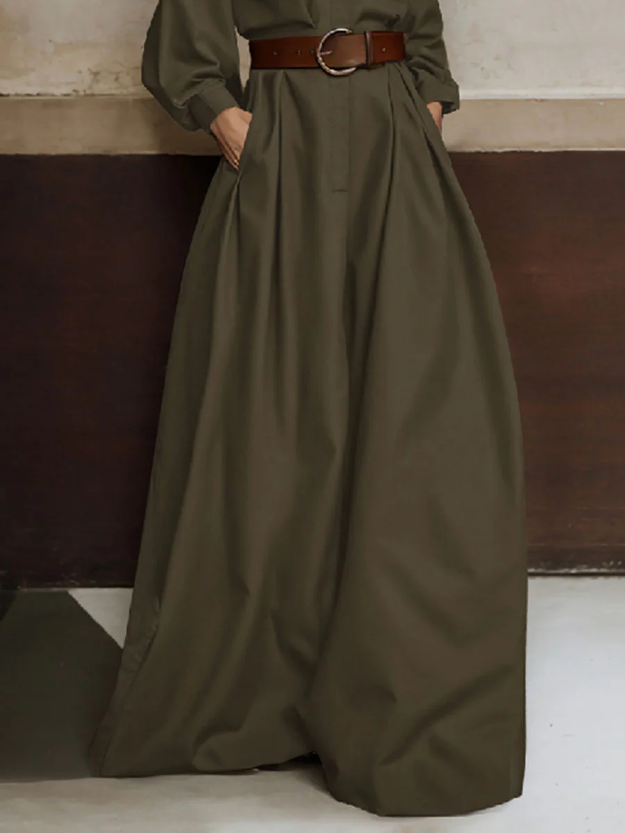 Long Sleeves Loose Buttoned No Belt Solid Color V-neck Jumpsuits - Image 2