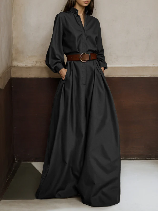 Long Sleeves Loose Buttoned No Belt Solid Color V-neck Jumpsuits - Image 3