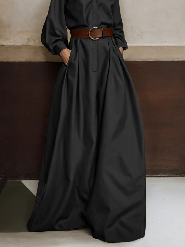 Long Sleeves Loose Buttoned No Belt Solid Color V-neck Jumpsuits - Image 4