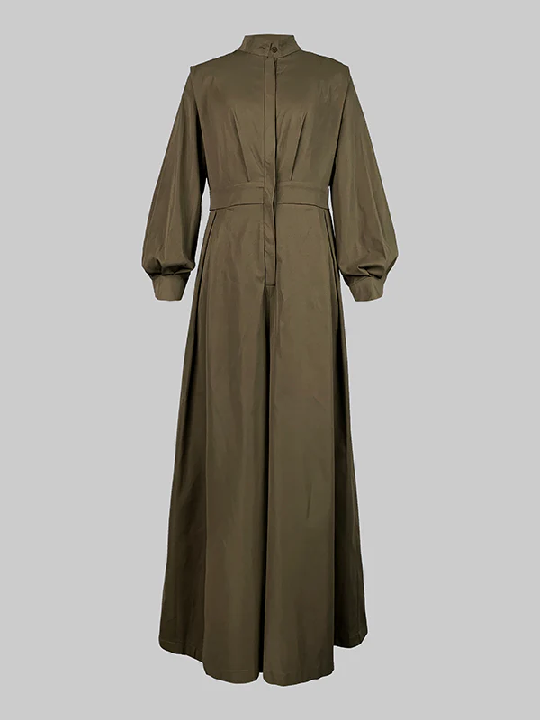 Long Sleeves Loose Buttoned No Belt Solid Color V-neck Jumpsuits - Image 5