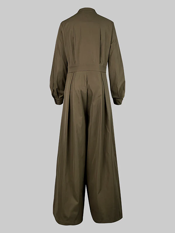Long Sleeves Loose Buttoned No Belt Solid Color V-neck Jumpsuits - Image 6