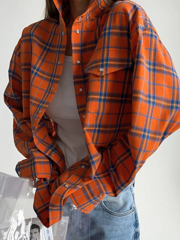 Long Sleeves Loose Buttoned Plaid Pockets Lapel Blouses&Shirts Tops - Image 2