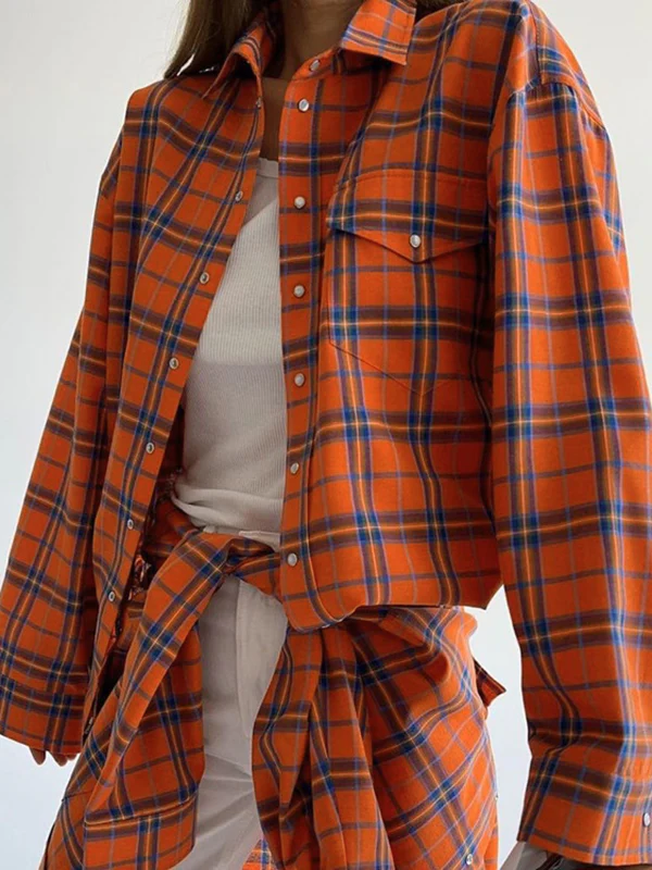 Long Sleeves Loose Buttoned Plaid Pockets Lapel Blouses&Shirts Tops - Image 3