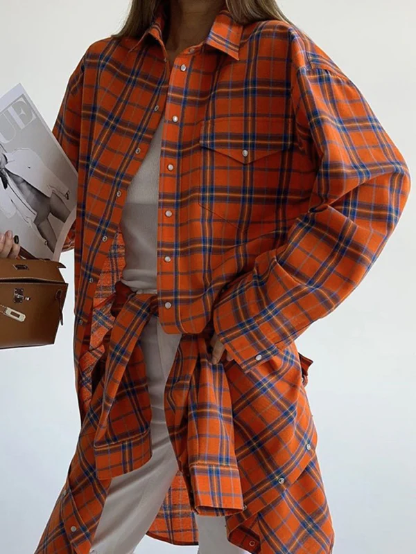 Long Sleeves Loose Buttoned Plaid Pockets Lapel Blouses&Shirts Tops - Image 4