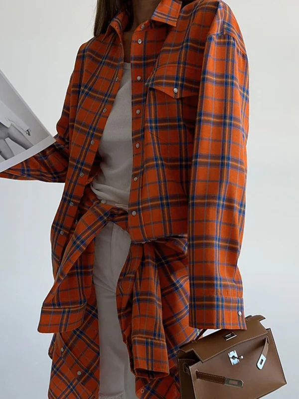 Long Sleeves Loose Buttoned Plaid Pockets Lapel Blouses&Shirts Tops - Image 5