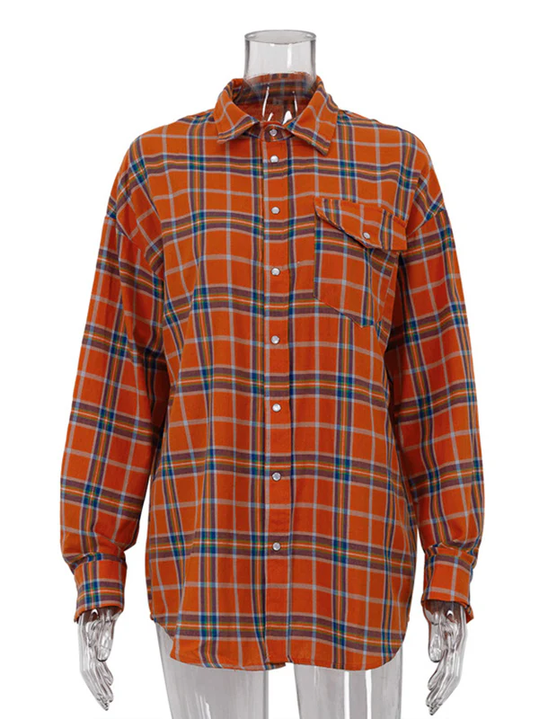 Long Sleeves Loose Buttoned Plaid Pockets Lapel Blouses&Shirts Tops - Image 6