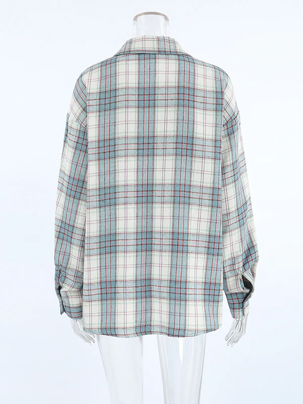 Long Sleeves Loose Buttoned Plaid Pockets Lapel Blouses&Shirts Tops Outerwear - Image 10
