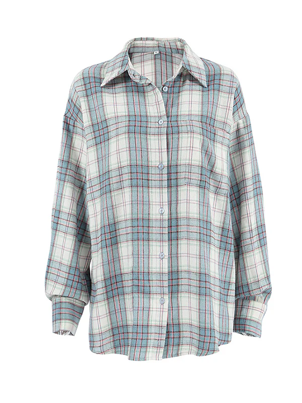 Long Sleeves Loose Buttoned Plaid Pockets Lapel Blouses&Shirts Tops Outerwear - Image 11