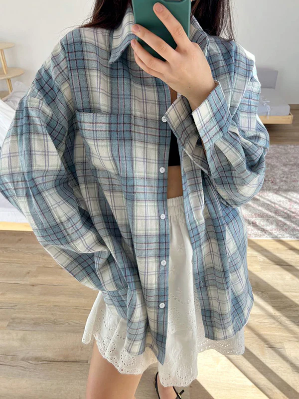 Long Sleeves Loose Buttoned Plaid Pockets Lapel Blouses&Shirts Tops Outerwear - Image 2