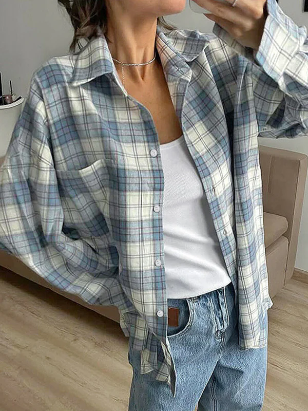 Long Sleeves Loose Buttoned Plaid Pockets Lapel Blouses&Shirts Tops Outerwear - Image 3