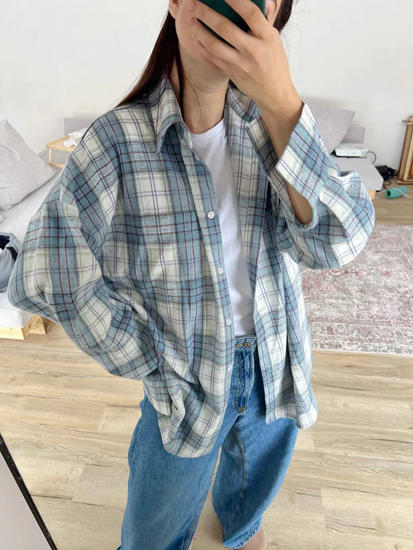 Long Sleeves Loose Buttoned Plaid Pockets Lapel Blouses&Shirts Tops Outerwear - Image 4