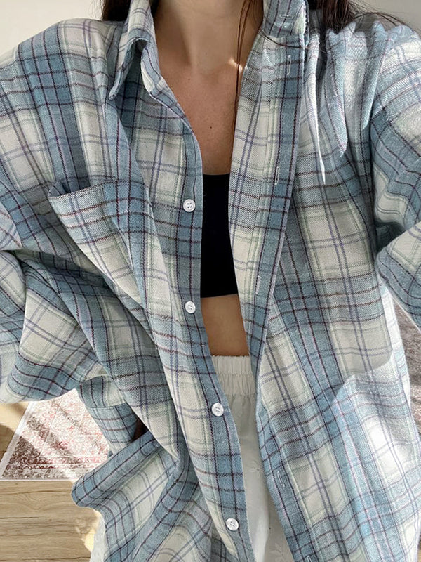 Long Sleeves Loose Buttoned Plaid Pockets Lapel Blouses&Shirts Tops Outerwear - Image 5