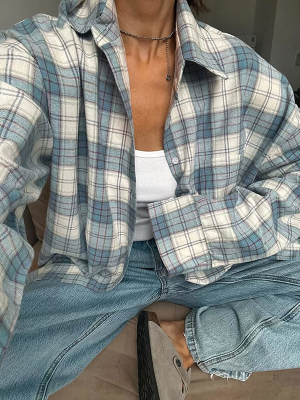 Long Sleeves Loose Buttoned Plaid Pockets Lapel Blouses&Shirts Tops Outerwear - Image 6