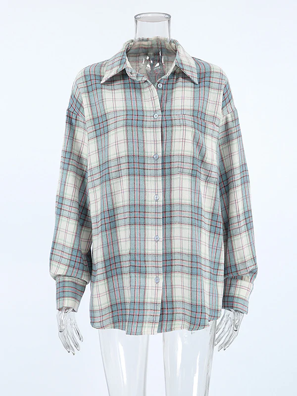 Long Sleeves Loose Buttoned Plaid Pockets Lapel Blouses&Shirts Tops Outerwear - Image 8
