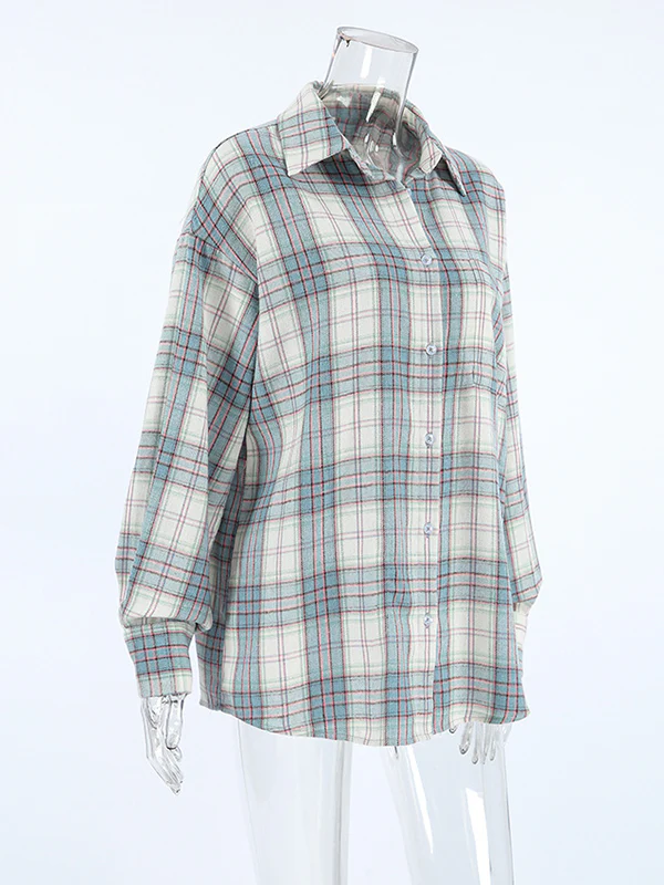 Long Sleeves Loose Buttoned Plaid Pockets Lapel Blouses&Shirts Tops Outerwear - Image 9
