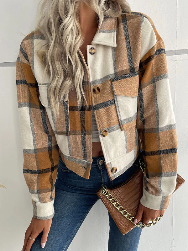 Long Sleeves Loose Buttoned Plaid Pockets Split-Joint Lapel Jackets Outerwear - Image 11