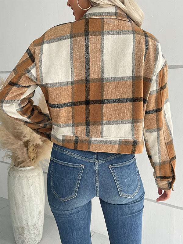 Long Sleeves Loose Buttoned Plaid Pockets Split-Joint Lapel Jackets Outerwear - Image 12