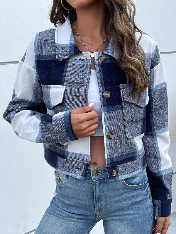 Long Sleeves Loose Buttoned Plaid Pockets Split-Joint Lapel Jackets Outerwear - Image 16