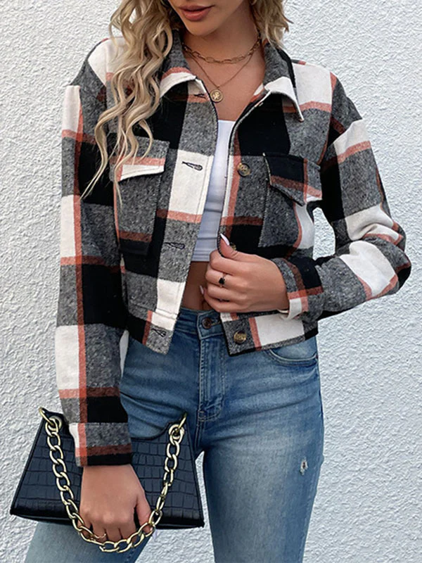 Long Sleeves Loose Buttoned Plaid Pockets Split-Joint Lapel Jackets Outerwear - Image 17