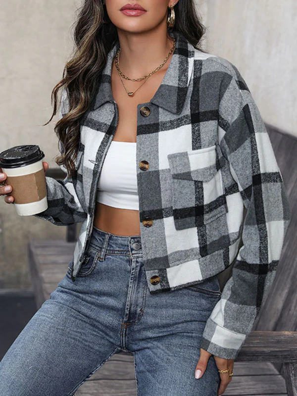 Long Sleeves Loose Buttoned Plaid Pockets Split-Joint Lapel Jackets Outerwear - Image 23
