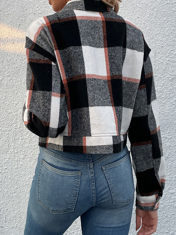 Long Sleeves Loose Buttoned Plaid Pockets Split-Joint Lapel Jackets Outerwear - Image 24