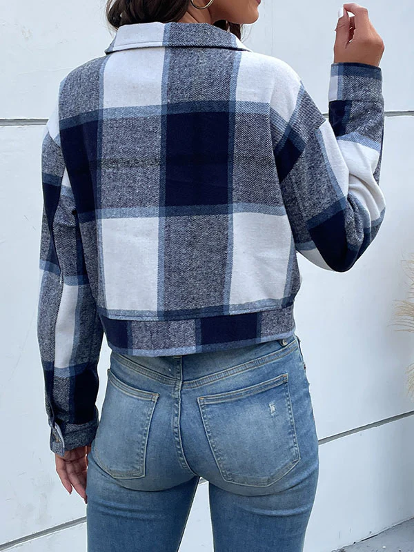 Long Sleeves Loose Buttoned Plaid Pockets Split-Joint Lapel Jackets Outerwear - Image 27