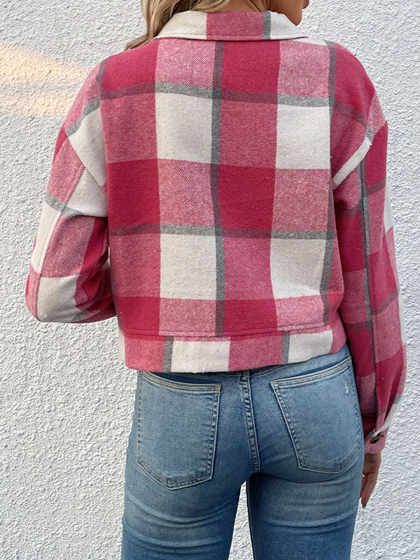 Long Sleeves Loose Buttoned Plaid Pockets Split-Joint Lapel Jackets Outerwear - Image 29