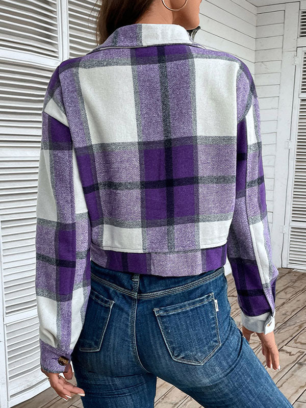 Long Sleeves Loose Buttoned Plaid Pockets Split-Joint Lapel Jackets Outerwear - Image 33